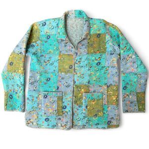 Reversible Floral Patchwork Coat-- Soft Blue & Green Quilted Cotton size L/XL